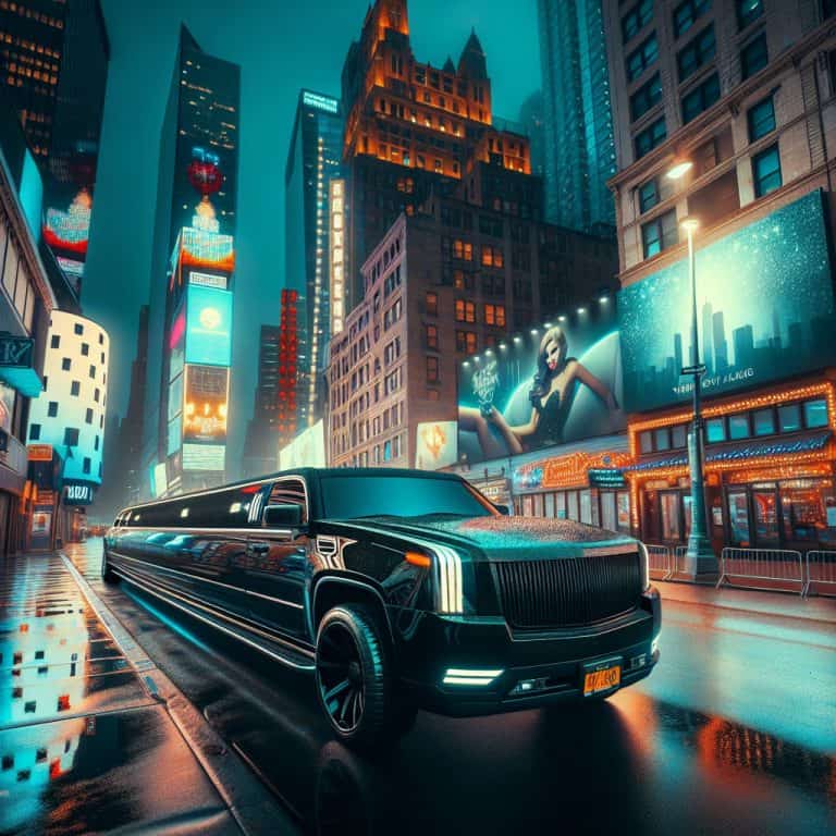 Black stretch limousine in neon-lit city at night