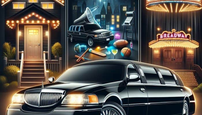 Black stretch limousine with nightlife and event scenes