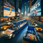 Luxury limousine in Times Square with basketball billboards