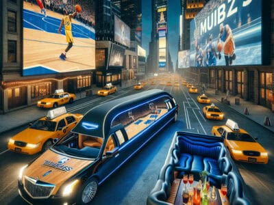 Luxury limousine in Times Square with basketball billboards