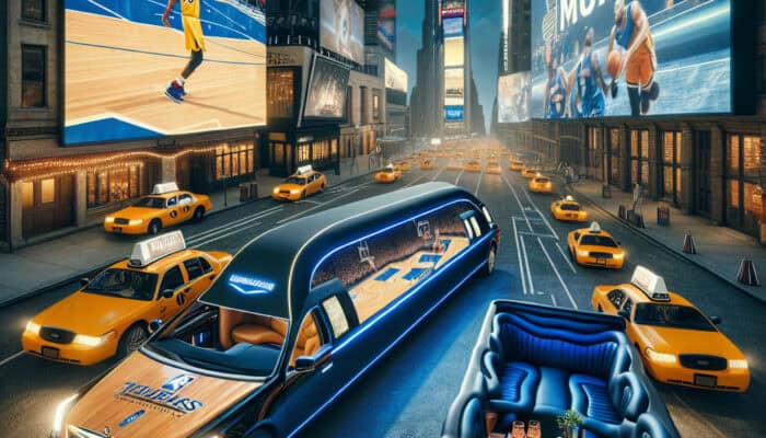 Luxury limousine in Times Square with basketball billboards