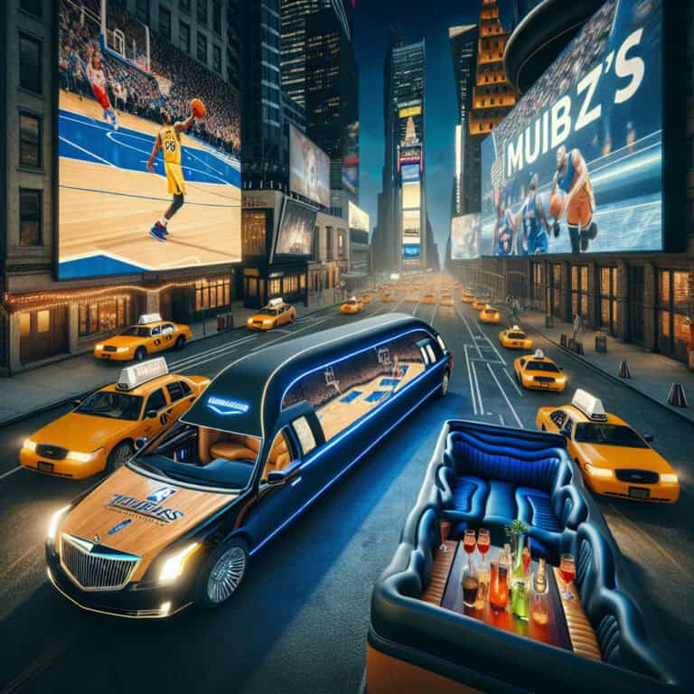 Luxury limousine in Times Square with basketball billboards