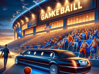 Limousine outside packed basketball stadium at dusk