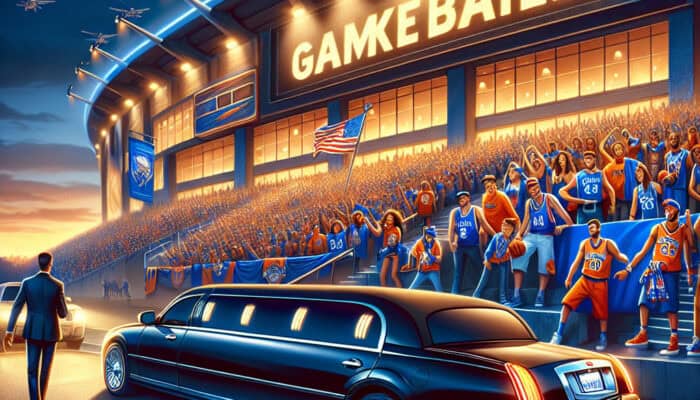 Limousine outside packed basketball stadium at dusk