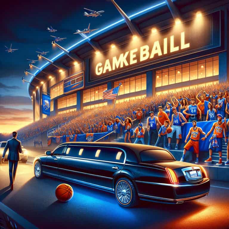 Limousine outside packed basketball stadium at dusk
