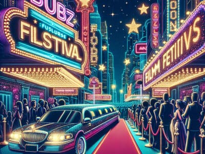Limousine on red carpet at neon film festival