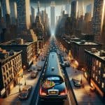 Limousine driving through busy downtown city street at sunset