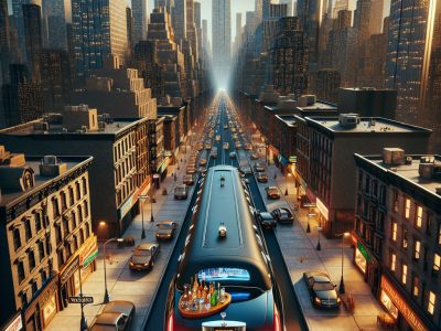 Limousine driving through busy downtown city street at sunset