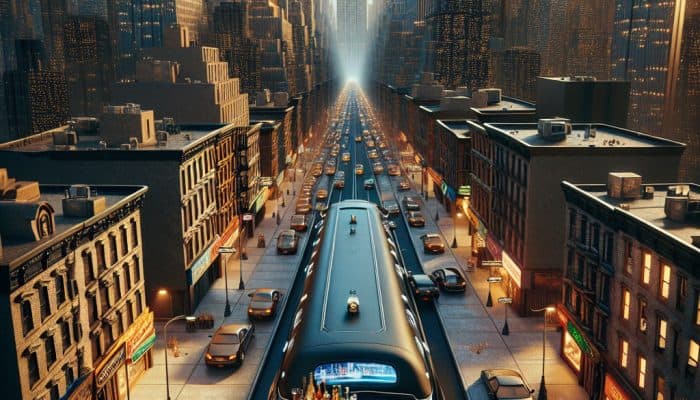 Limousine driving through busy downtown city street at sunset
