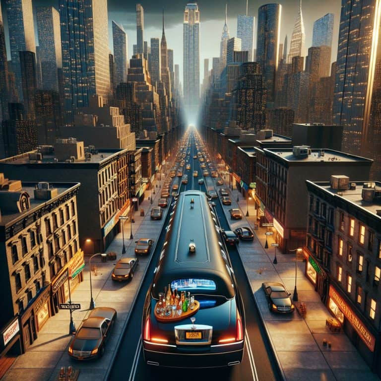 Limousine driving through busy downtown city street at sunset