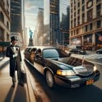 Chauffeur beside black limousine in downtown New York
