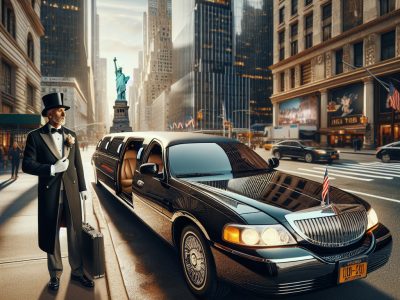 Chauffeur beside black limousine in downtown New York