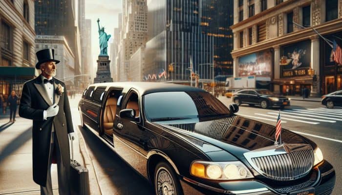 Chauffeur beside black limousine in downtown New York