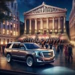 Luxury SUV parked before grand concert hall at night