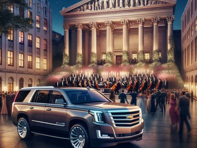 Luxury SUV parked before grand concert hall at night