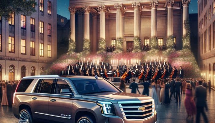 Luxury SUV parked before grand concert hall at night