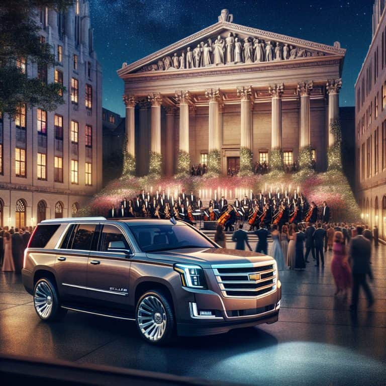 Luxury SUV parked before grand concert hall at night