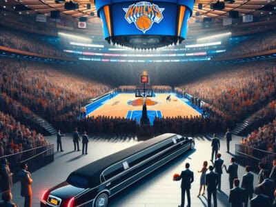 Limousine on basketball court at packed Knicks arena