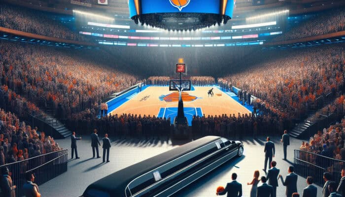 Limousine on basketball court at packed Knicks arena