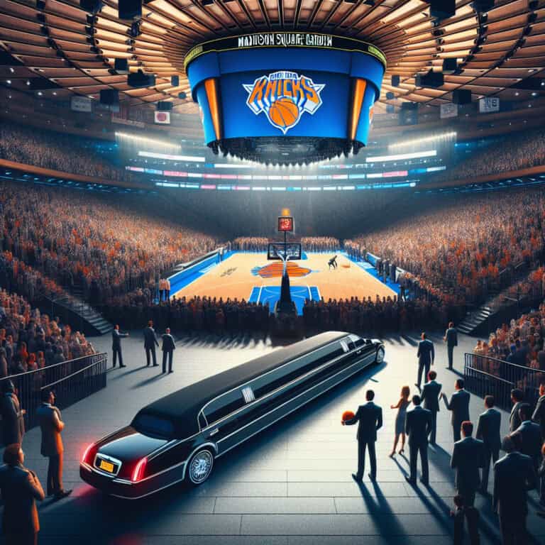 Limousine on basketball court at packed Knicks arena