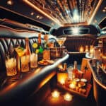 Luxury limousine interior with champagne, cocktails, and candles