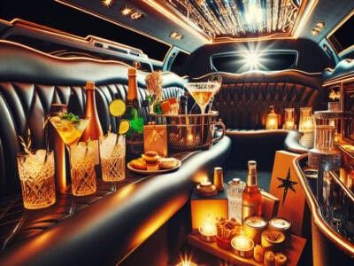 Luxury limousine interior with champagne, cocktails, and candles