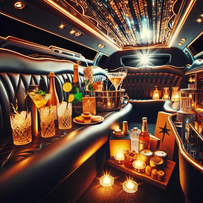 Luxury limousine interior with champagne, cocktails, and candles