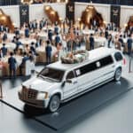 White stretch limousine displayed at formal banquet event