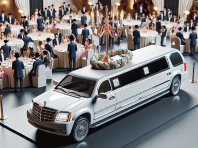White stretch limousine displayed at formal banquet event