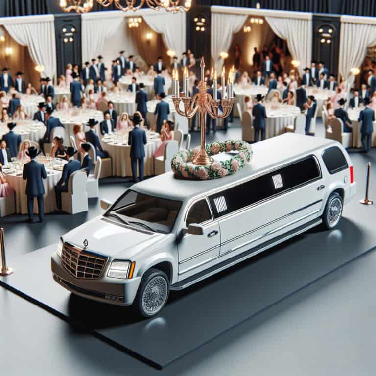 White stretch limousine displayed at formal banquet event