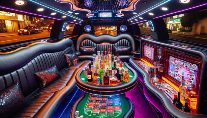 Luxury limousine interior with neon lights and roulette table