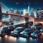 Luxury limousines and SUVs with NYC skyline at night