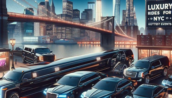Luxury limousines and SUVs with NYC skyline at night