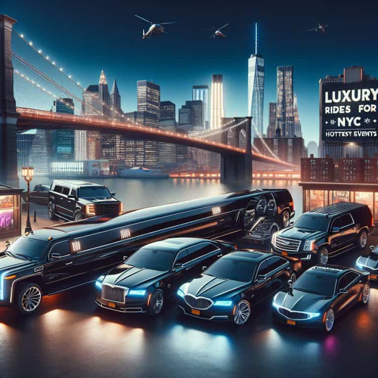 Luxury limousines and SUVs with NYC skyline at night