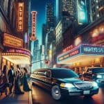Limousine outside neon-lit theater district at night