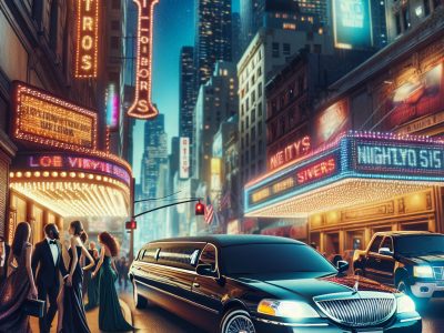 Limousine outside neon-lit theater district at night