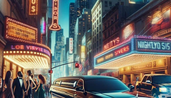 Limousine outside neon-lit theater district at night