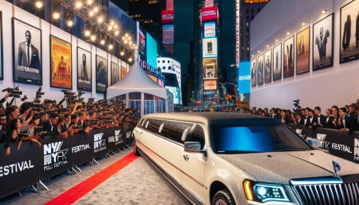 Stretch limousine on red carpet in Times Square