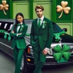 Two people in green suits by shamrock limousine