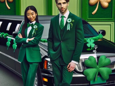 Two people in green suits by shamrock limousine