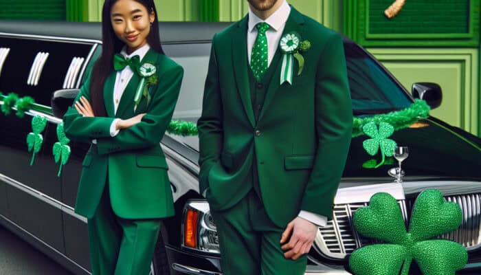 Two people in green suits by shamrock limousine