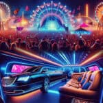 Neon music festival crowd and luxury limousine interior