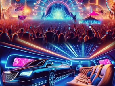 Neon music festival crowd and luxury limousine interior