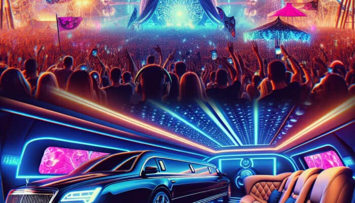 Neon music festival crowd and luxury limousine interior