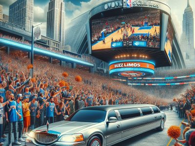 Stretch limousine outside packed basketball stadium in city