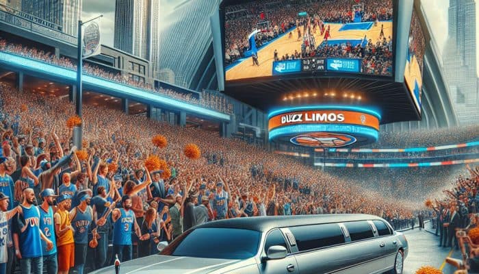 Stretch limousine outside packed basketball stadium in city
