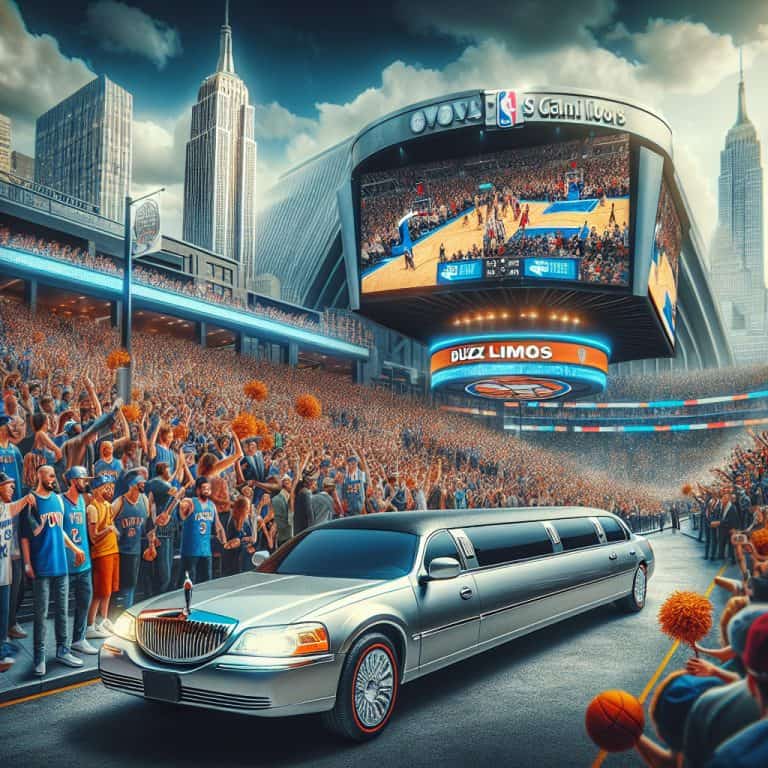 Stretch limousine outside packed basketball stadium in city