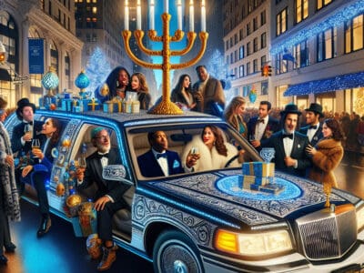 Decorated limousine with menorah during Hanukkah city celebration