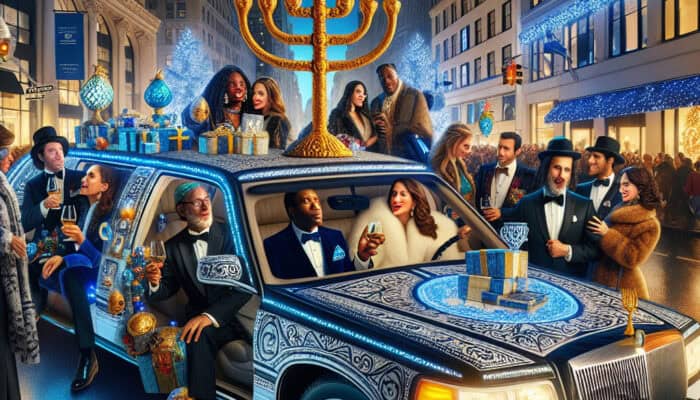 Decorated limousine with menorah during Hanukkah city celebration