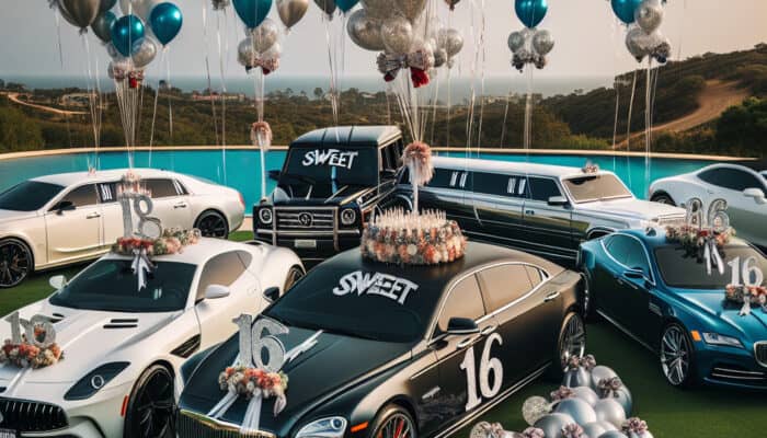Luxury cars decorated for Sweet 16 celebration